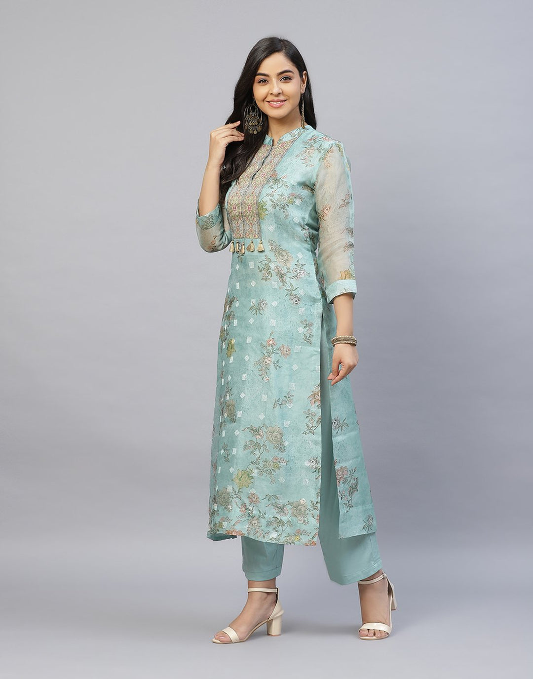 Organza Printed Kurti Pant Set with Yoke Detail