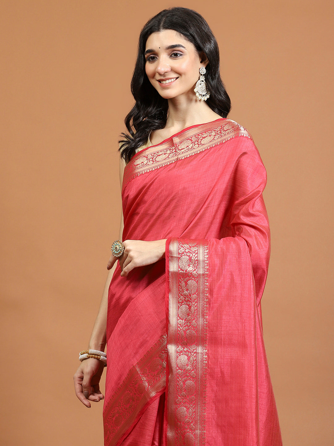 Zari Border Booti Art Silk Woven Saree