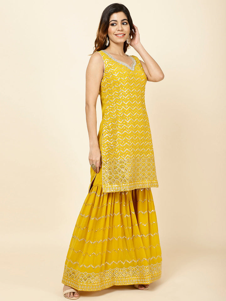 Embroidered Georgette Kurta With Garara &amp; Dupatta
