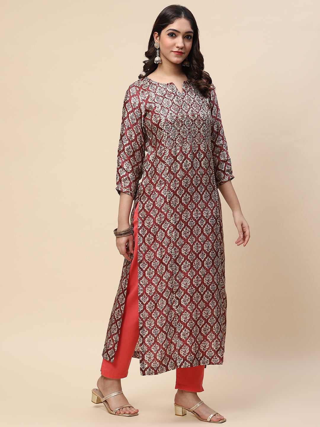 Zari Neck Embroidered &amp; Printed Satin Kurta