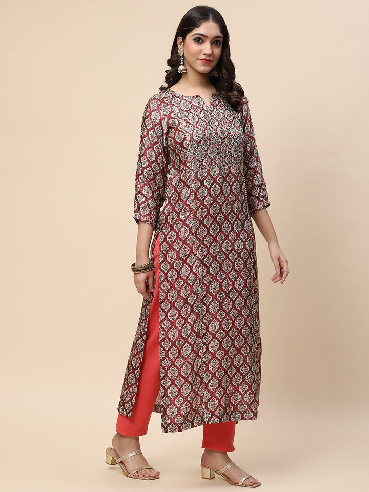 Zari Neck Embroidered &amp; Printed Satin Kurta