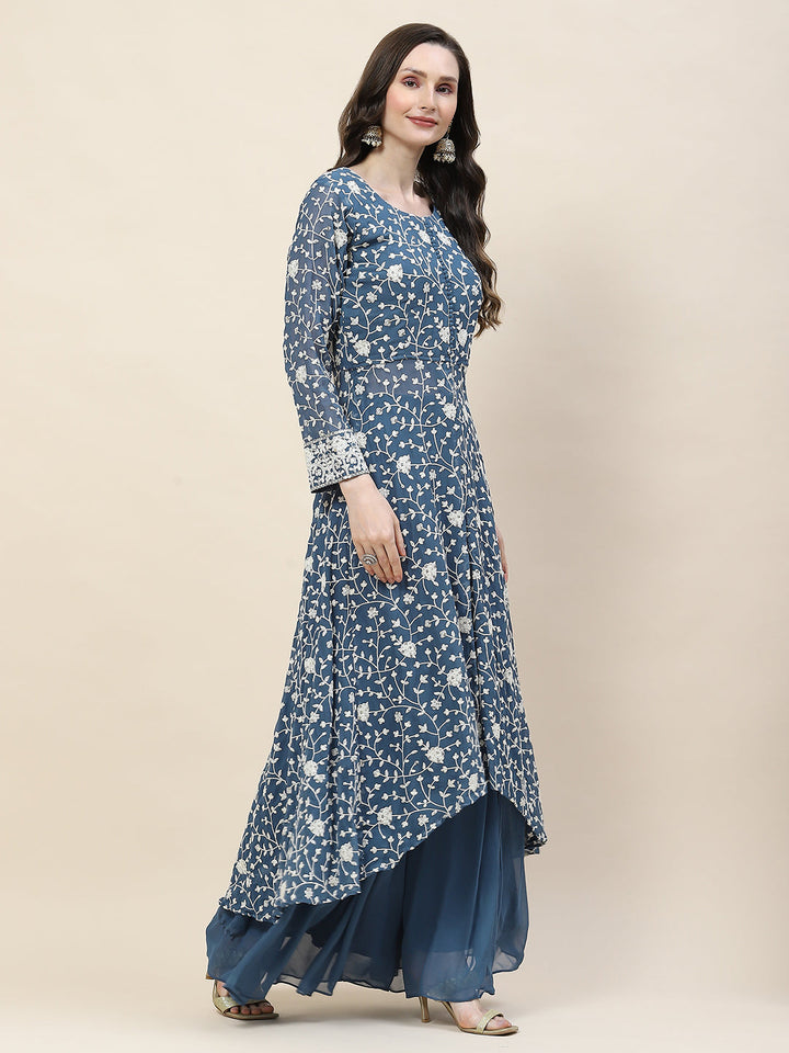 Resham Embroidery Georgette Kurta With Sharara &amp; Dupatta