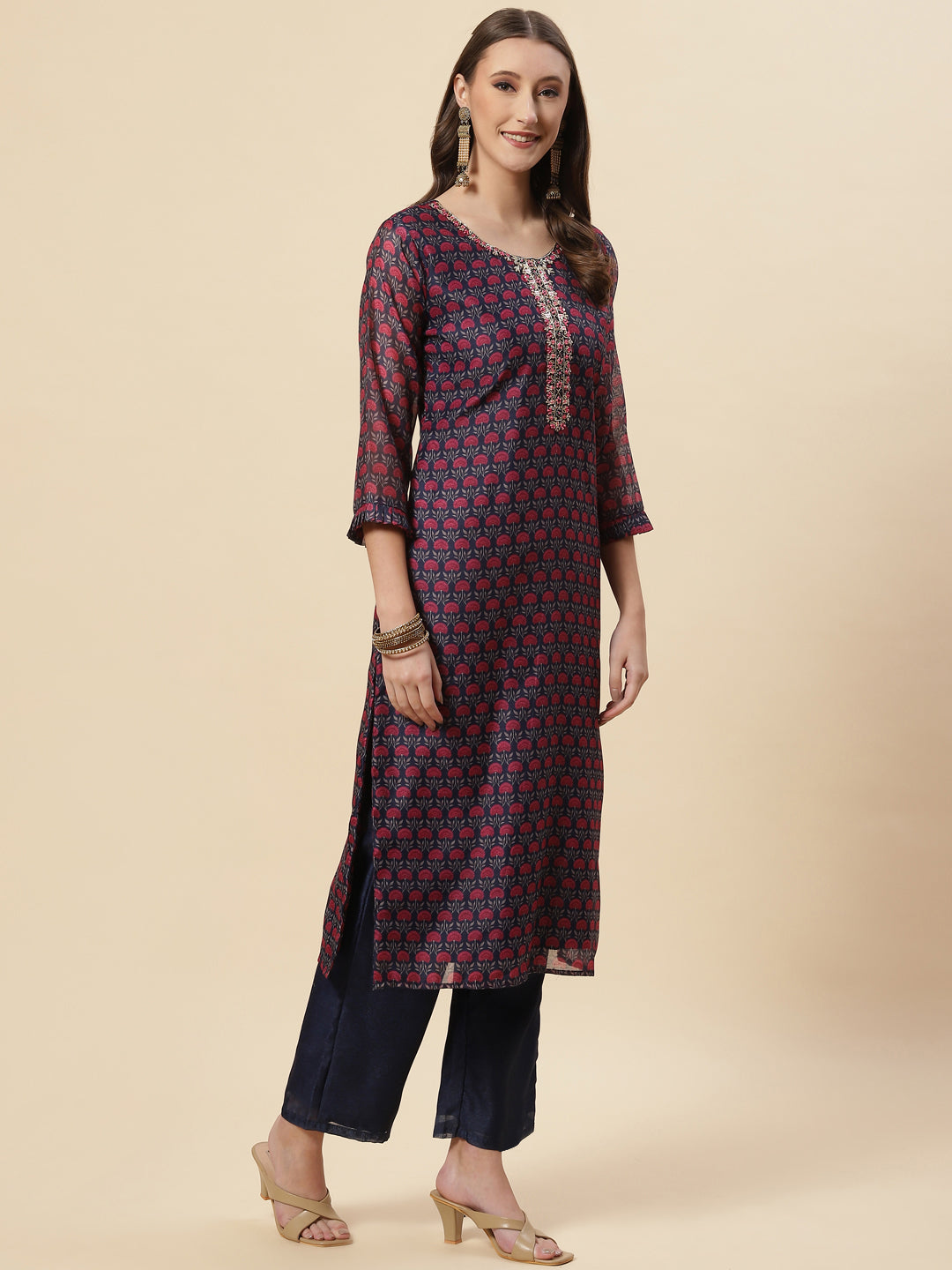 Floral Printed Chanderi Kurta With Pants &amp; Dupatta