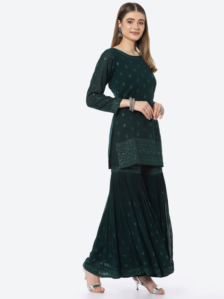 Resham Booti Georgette Kurta With Garara &amp; Georgette Dupatta