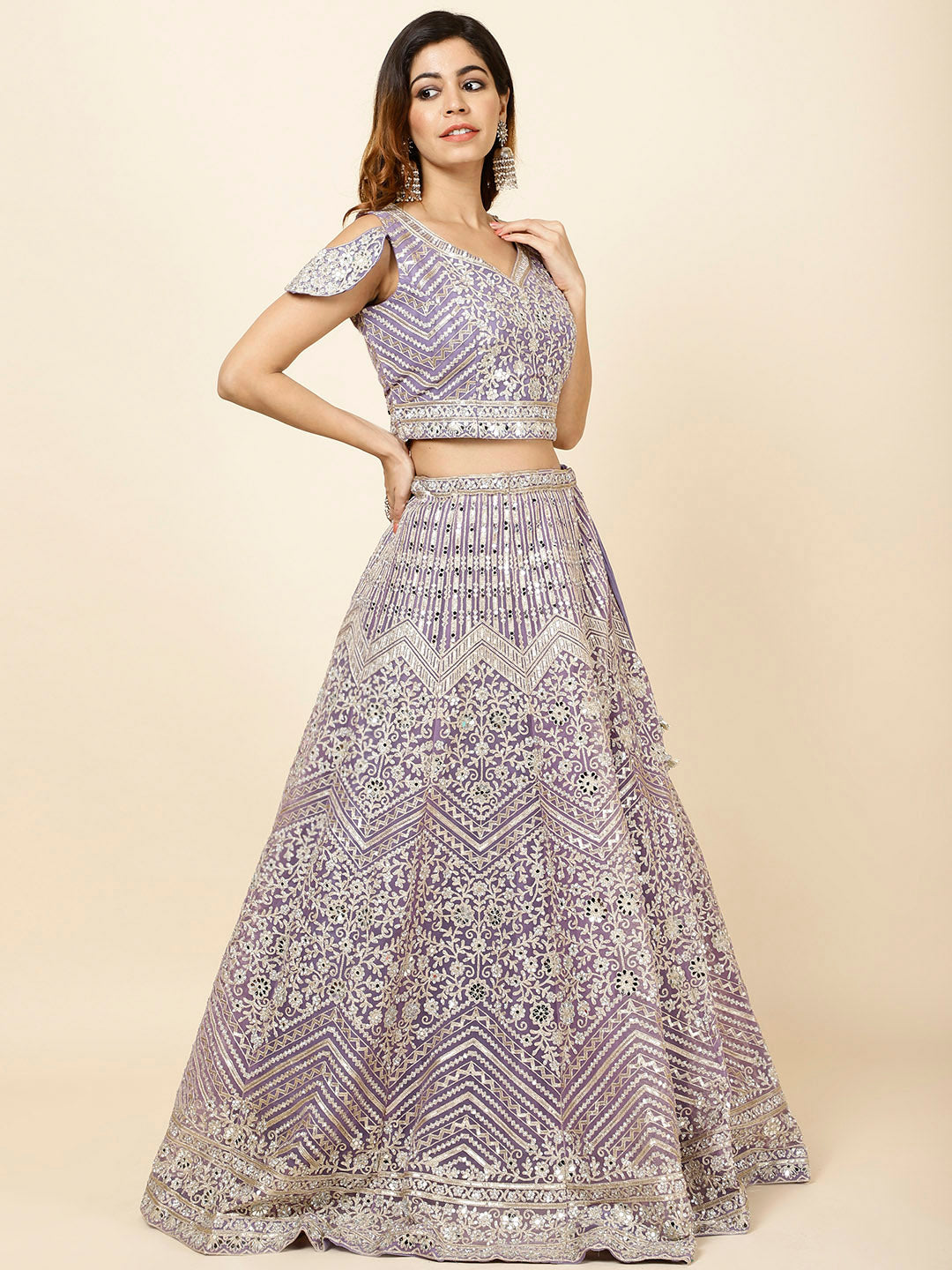 Zari Embroidered Net Choli With Lehenga &amp; Dupatta
