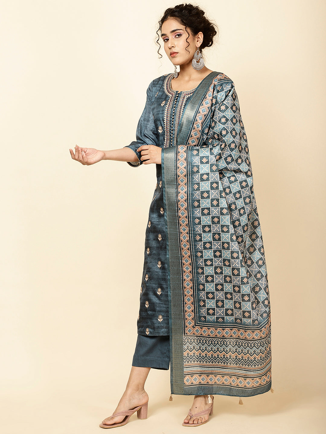 Embroidered Tussar Kurta With Pants &amp; Dupatta