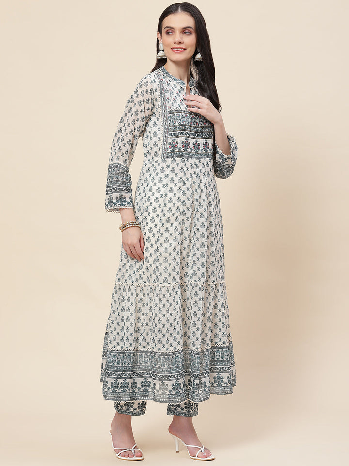 Floral Printed Cotton Kurta With Pants &amp; Dupatta