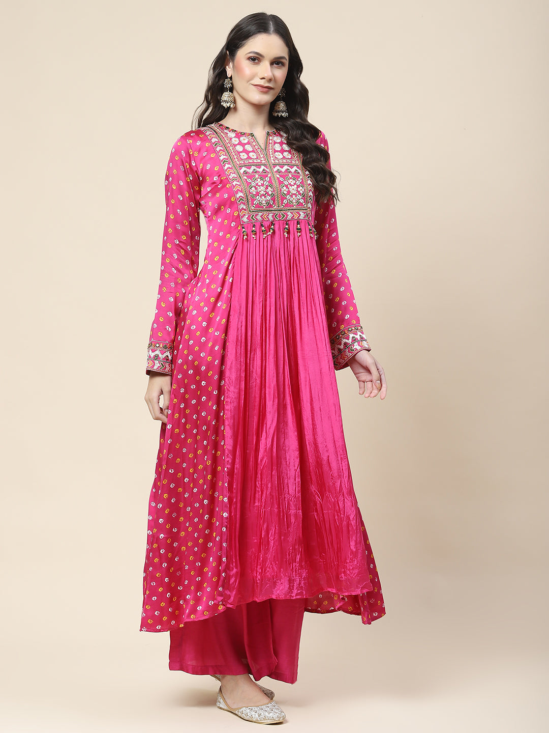Bandhani Printed Crepe Kurta With Pants &amp; Dupatta