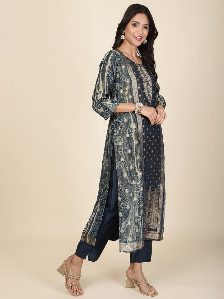 Neck Embroidery Tissue Kurta With Pants &amp; Dupatta