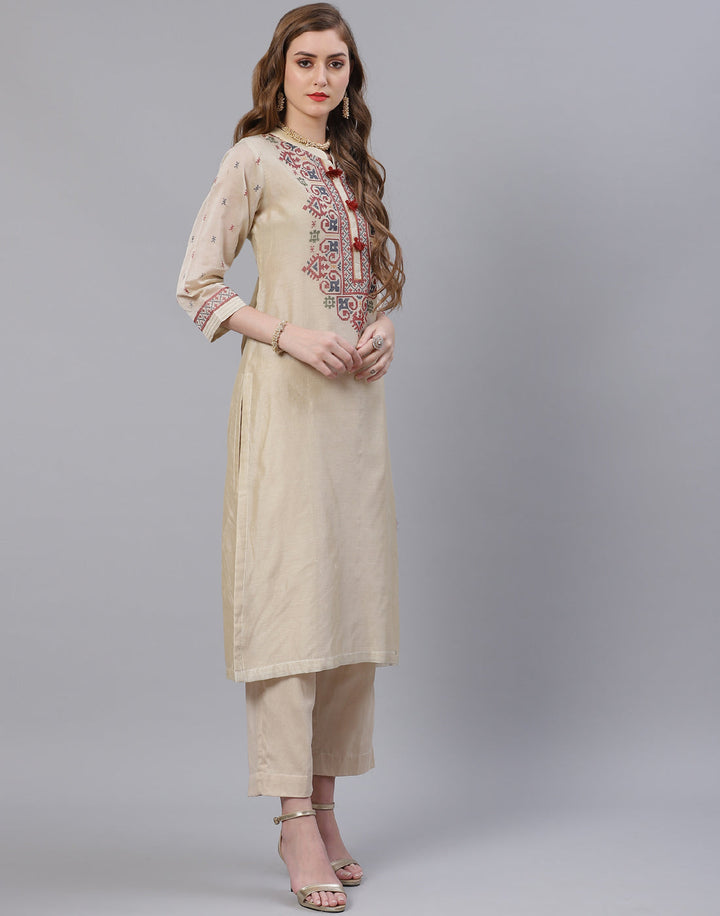 Embroidered Cotton Kurta With Pant &amp; Chanderi Dupatta