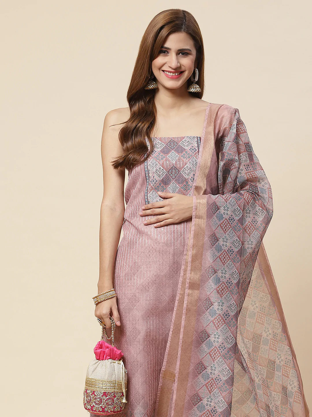 Neck Embroidered Chanderi Unstitched Suit Piece With Dupatta