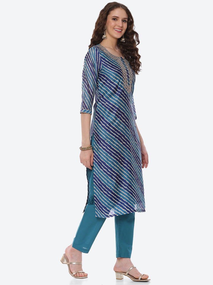 Leheriya Gota Work Chanderi Kurta With Pant &amp; Dupatta