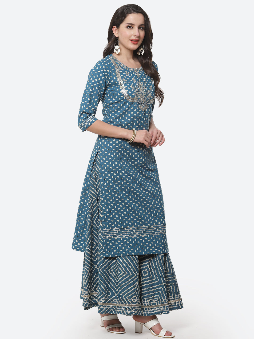 Printed Gota Work Cotton Kurti With Bandhani Printed Skirt