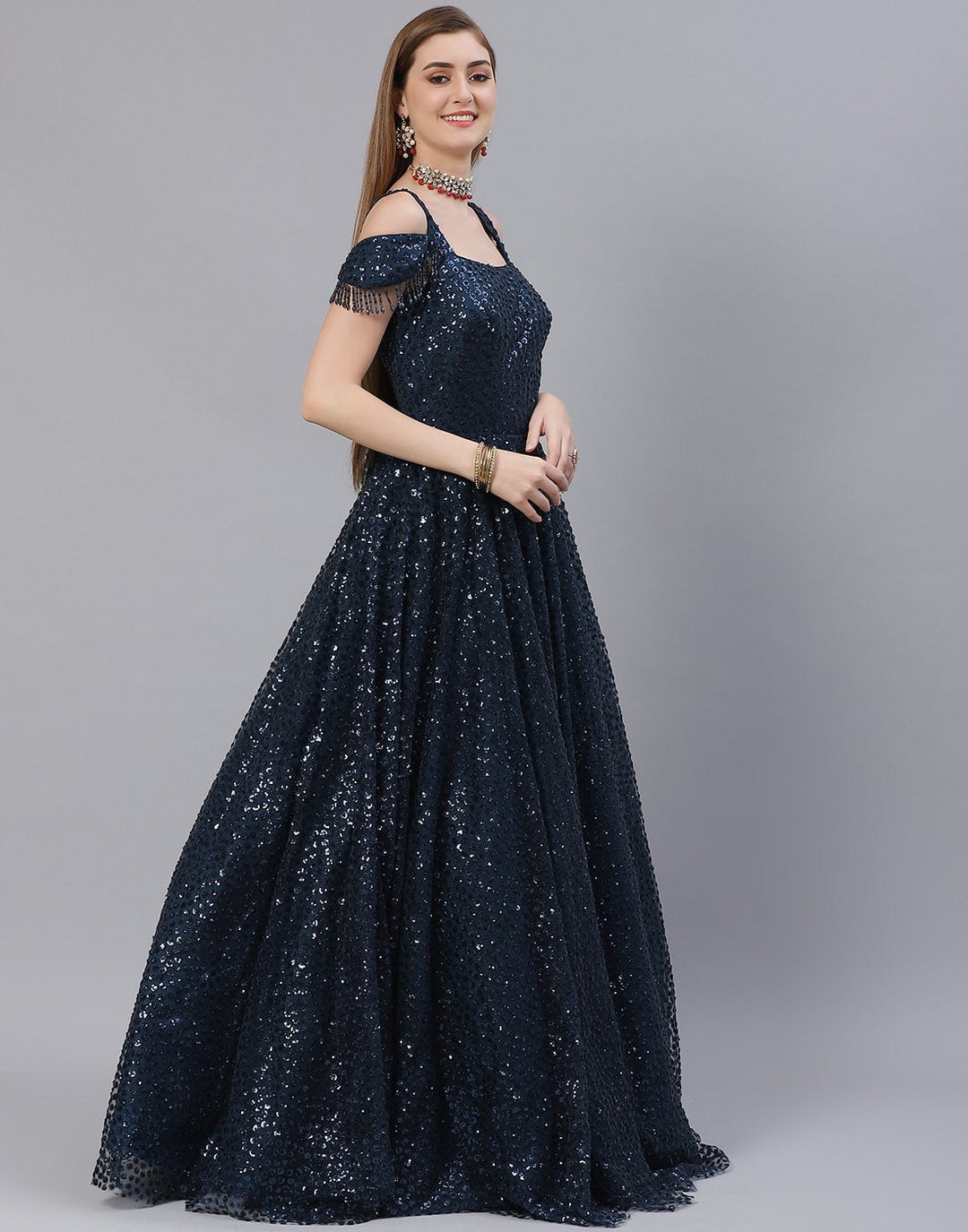 Teal Blue Georgette Long Dress