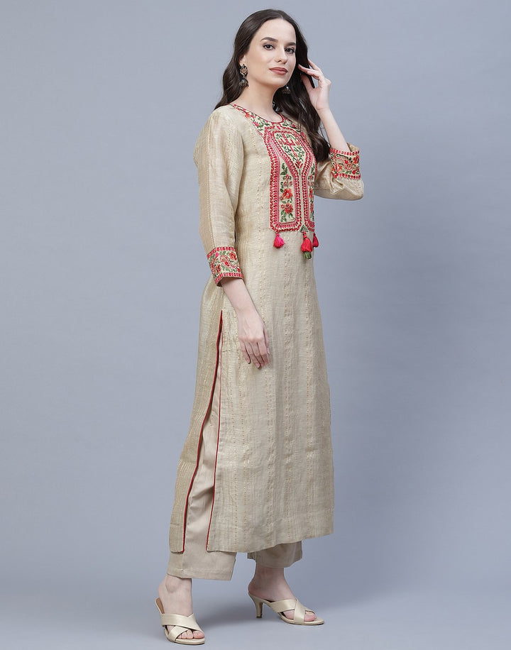 Yoke Embroidered Linen Kurti Pant Set
