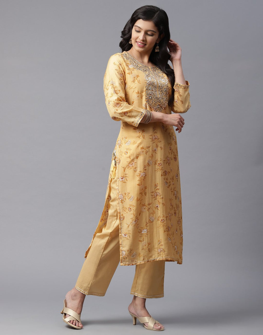 Printed Kurti Pant Set with Gota Yoke Embroidery