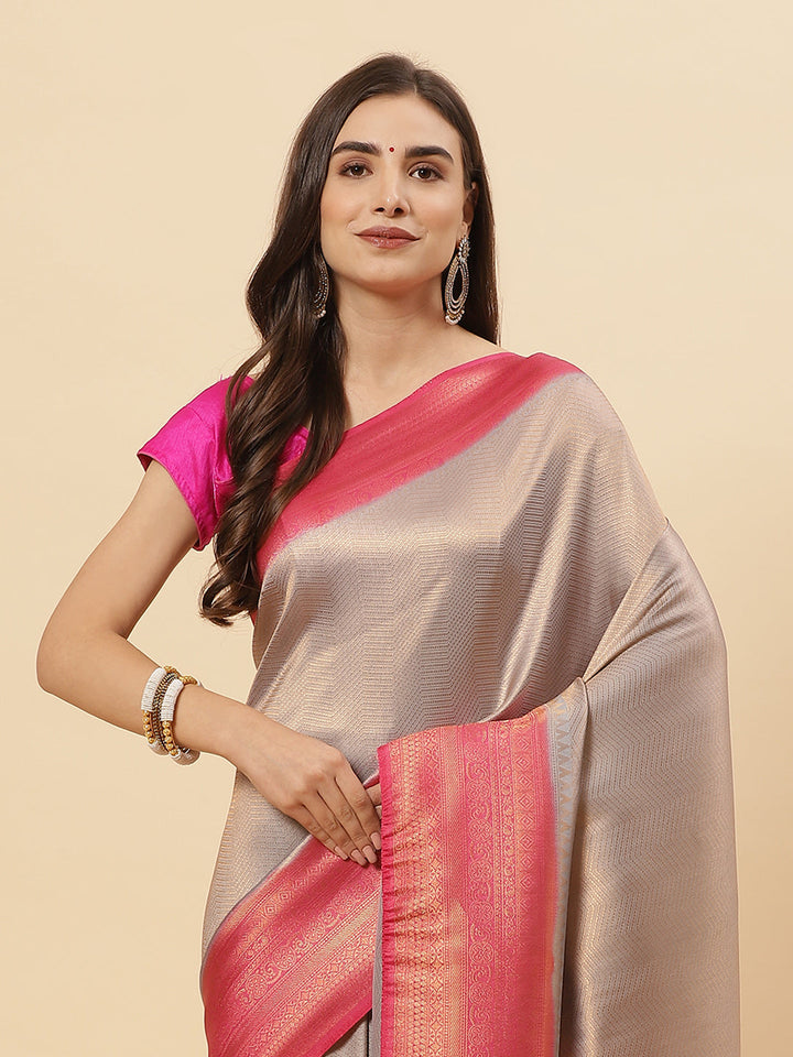 Brocade Zari Jaal  Art Handloom Saree With Contrast Blouse