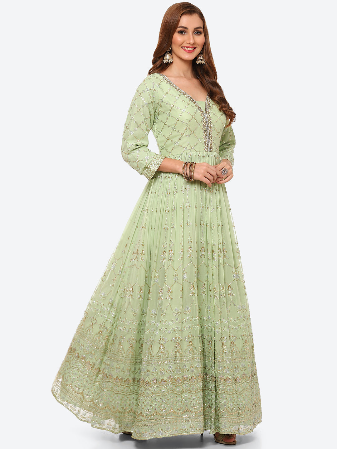 Sequin Work Georgette Anarkali Kurta With Churidar &amp; Net Dupatta