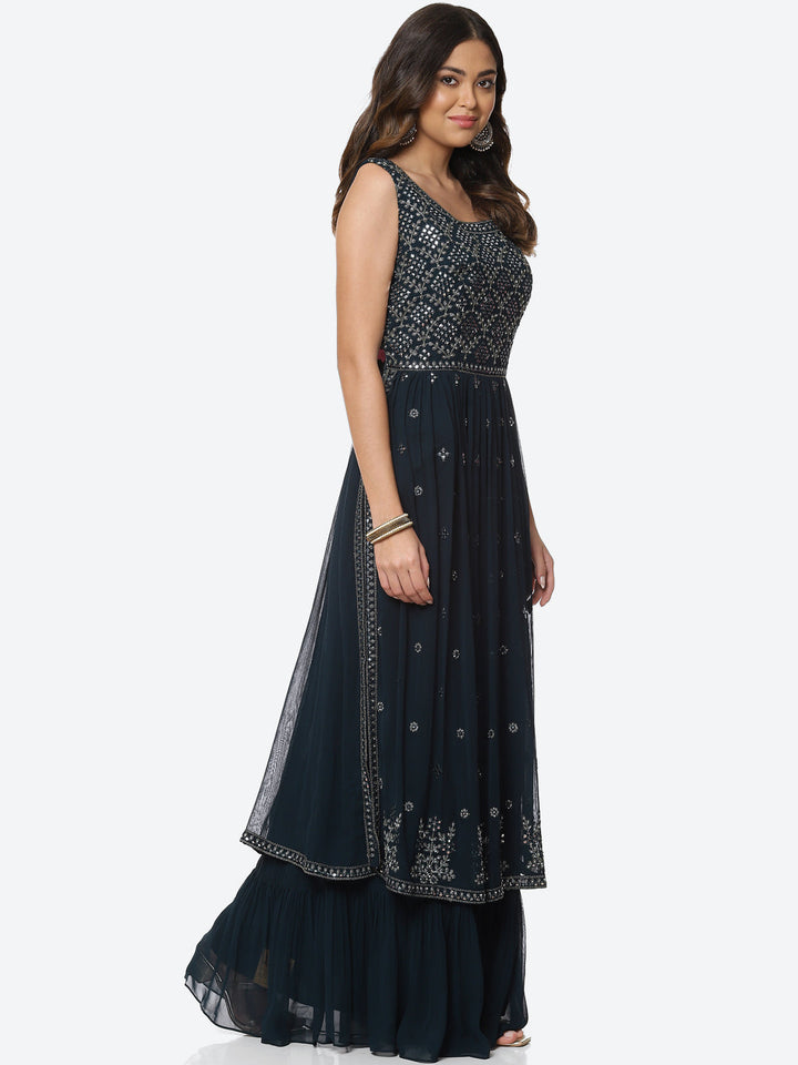 Resham Mirror Georgette Kurta With Palazzo &amp; Dupatta