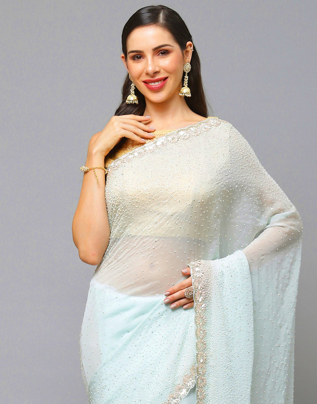 Embroidery Aqua Green and Mauve Saree