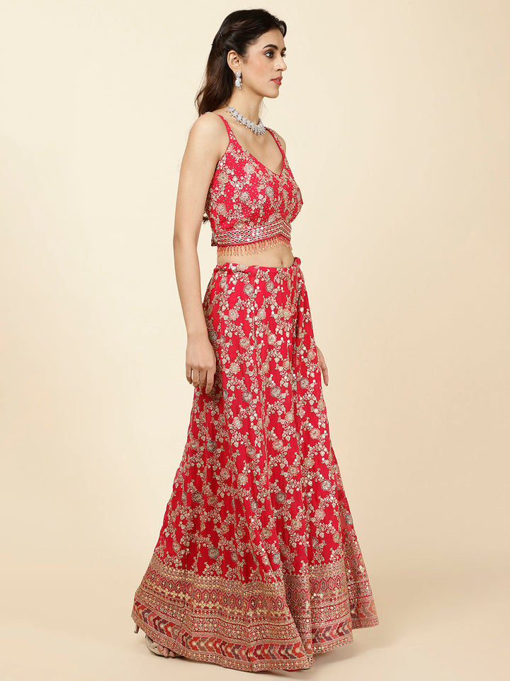 Zari Embroidered Georgette Crop Top With Palazzo &amp; Dupatta