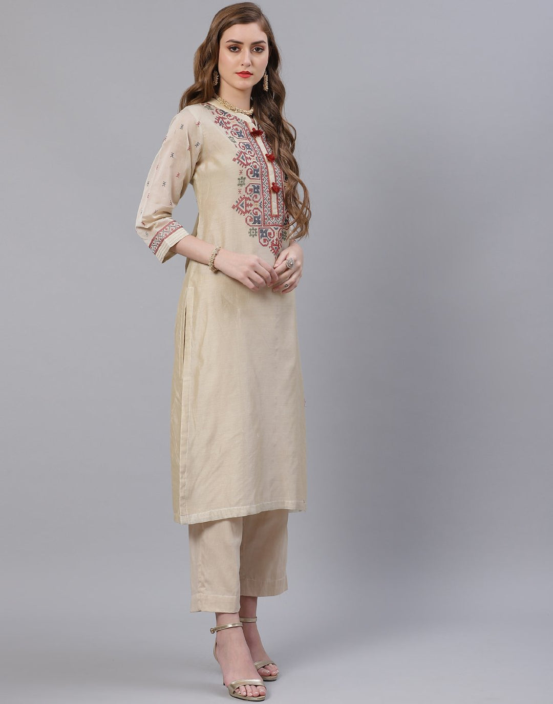 Beige and Grey Cotton Chanderi Salwar Kameez Stitched Suit