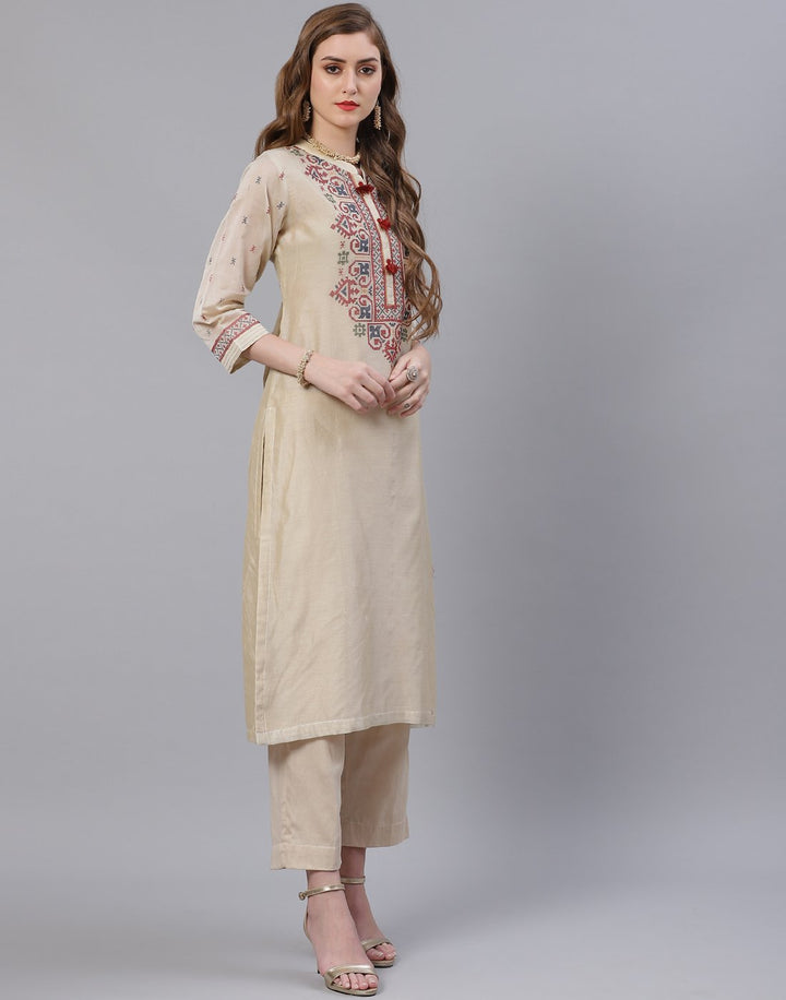 Beige and Grey Cotton Chanderi Salwar Kameez Stitched Suit