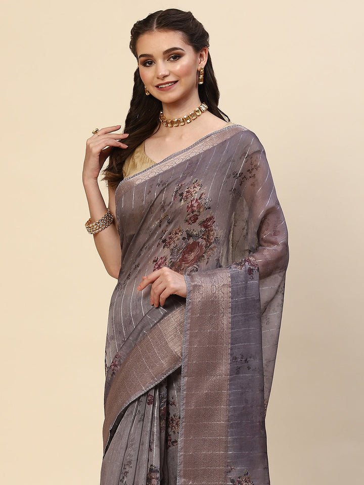 Digital Floral Printed Sequin Cotton Saree
