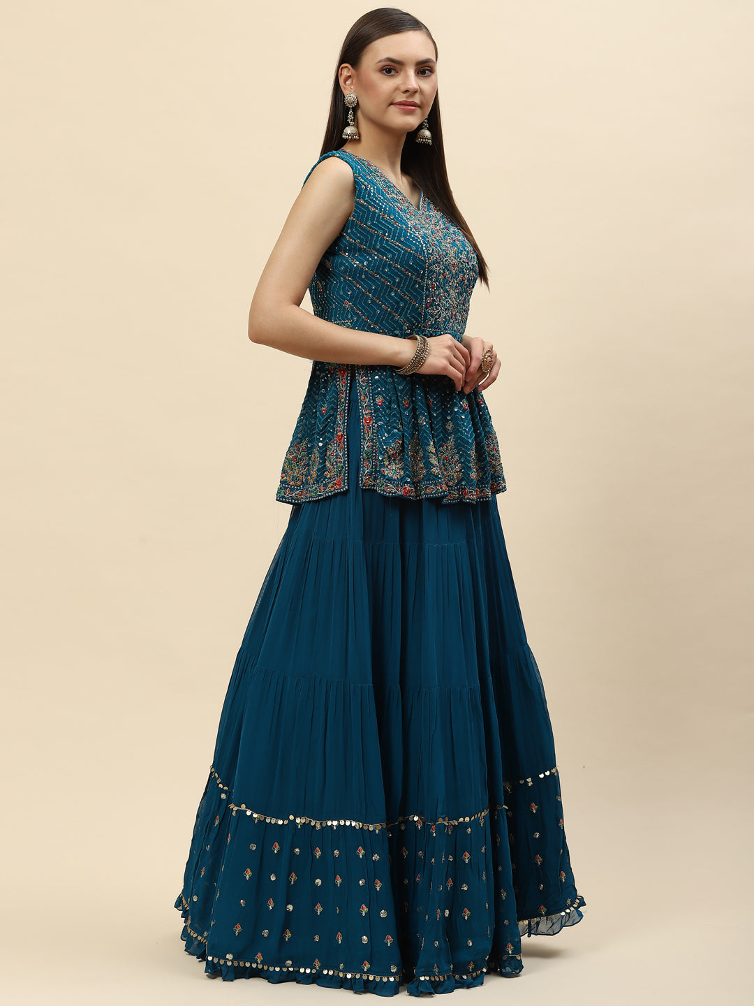 Sequin Embroidered Georgette Peplum Choli With Lehenga &amp; Dupatta