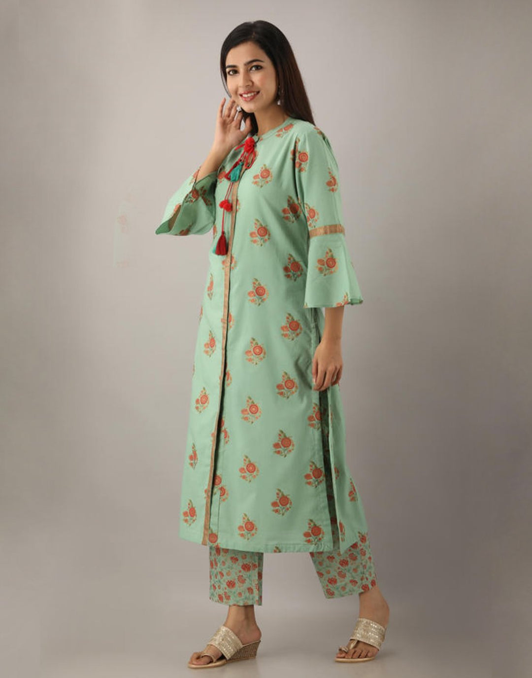 Printed Cotton Kurti And Pant With Bell Sleeves