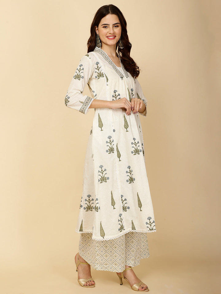Block Printed Cotton Kurta With Palazzo &amp; Dupatta