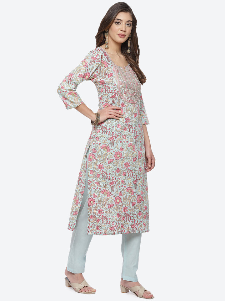 Zari Neck Embroidered Cotton Kurta With Pant