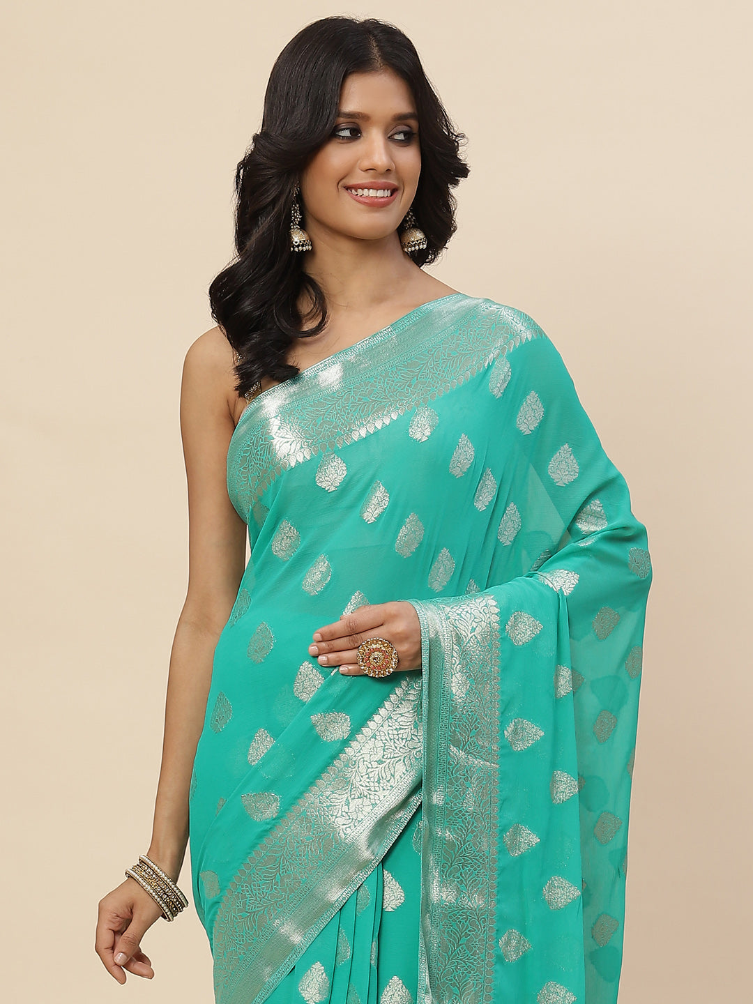 Zari Booti Chiffon Plain Saree