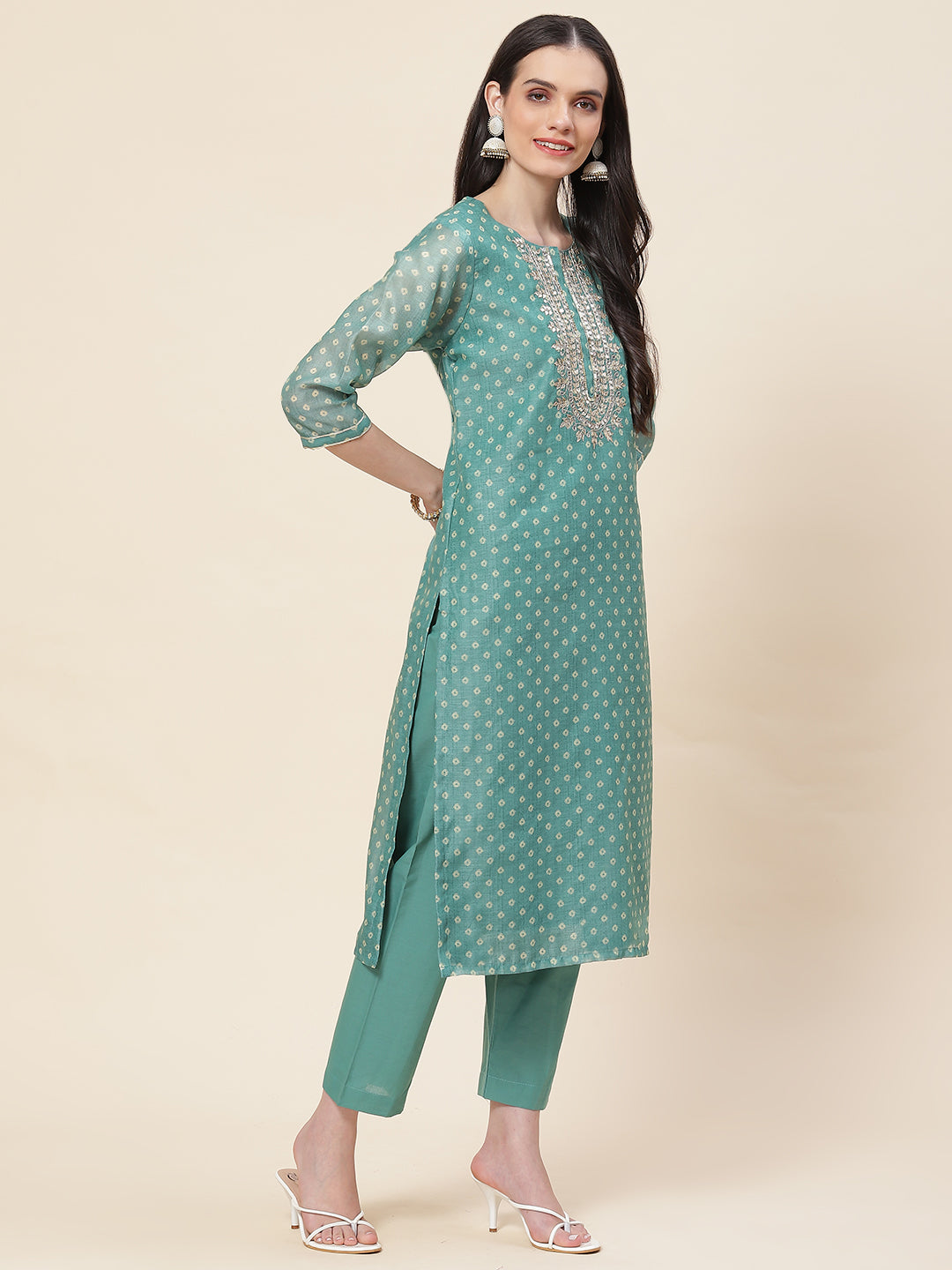 Printed &amp; Neck Embroidered Chanderi Kurta With Pants