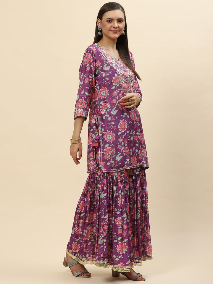 Floral Digital Printed Chanderi Kurta With Garara &amp; Dupatta