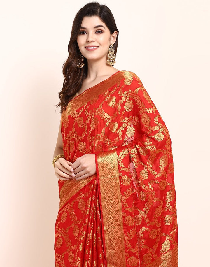 MBZ Meena Bazaar-Red Art Crepe Saree