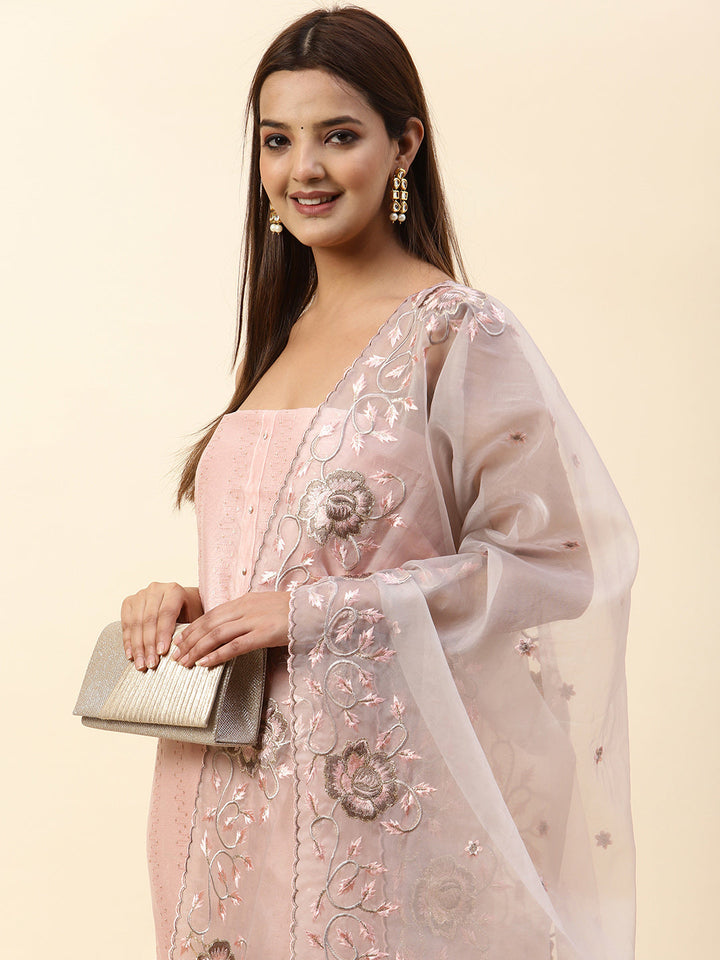 Embroidered Chanderi Unstitched Suit Piece With Dupatta
