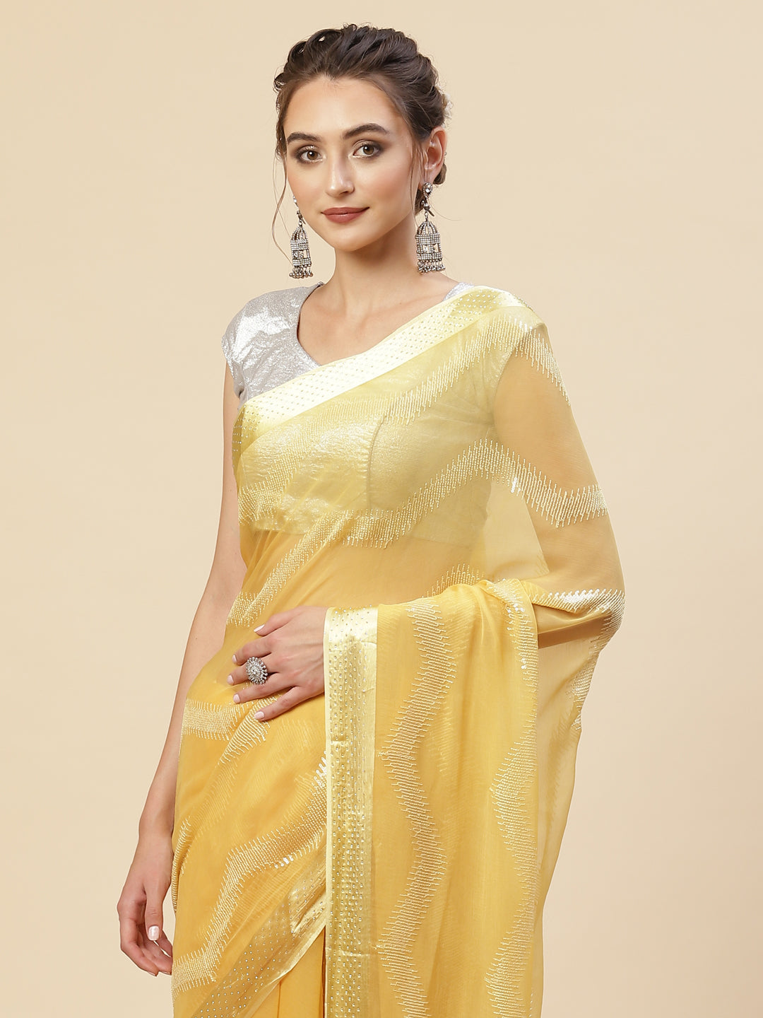 Sequin Embroidered Chiffon Plain Saree