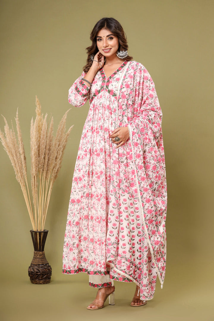 Floral Printed Cotton Kurta With Pants &amp; Dupatta