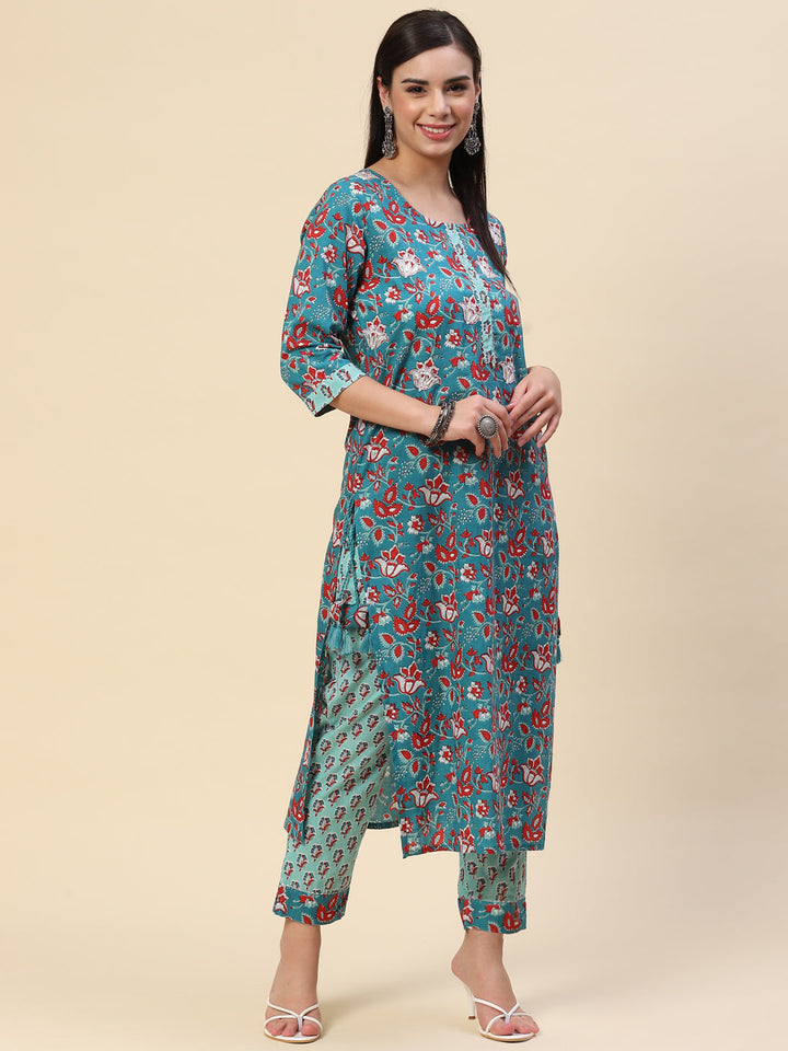 Block Printed Cotton Kurta With Pants &amp; Dupatta