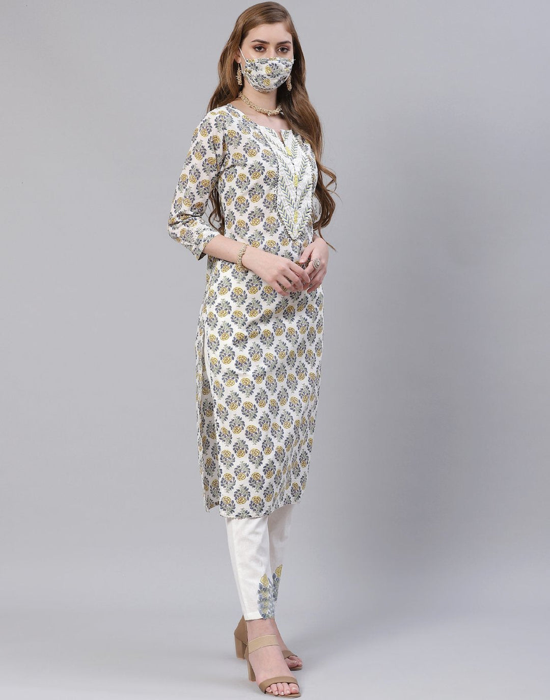 Cream Cotton Salwar Kameez Stitched Suit