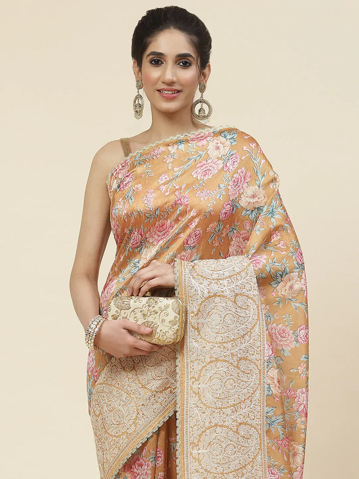 Digital Floral Printed With Resham Border Tussar Saree