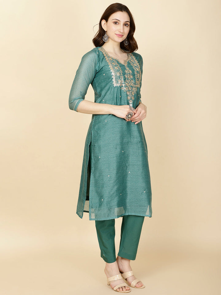 Neck Gota Patti &amp; Printed Chanderi Kurta With Pants &amp; Dupatta