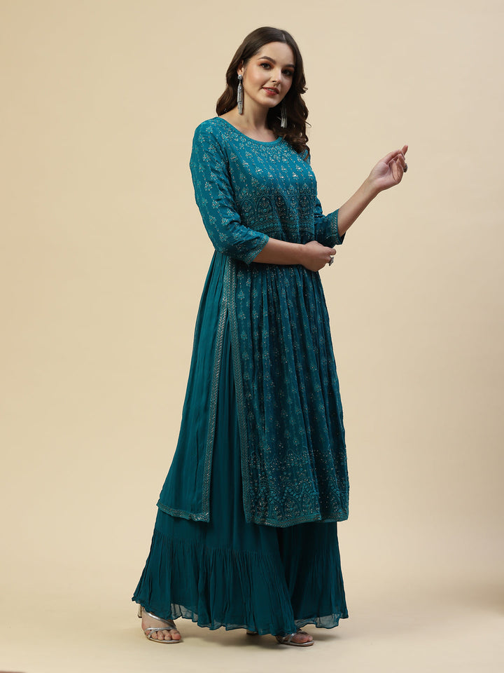 Embroidered Georgette Kurta With Palazzo &amp; Dupatta