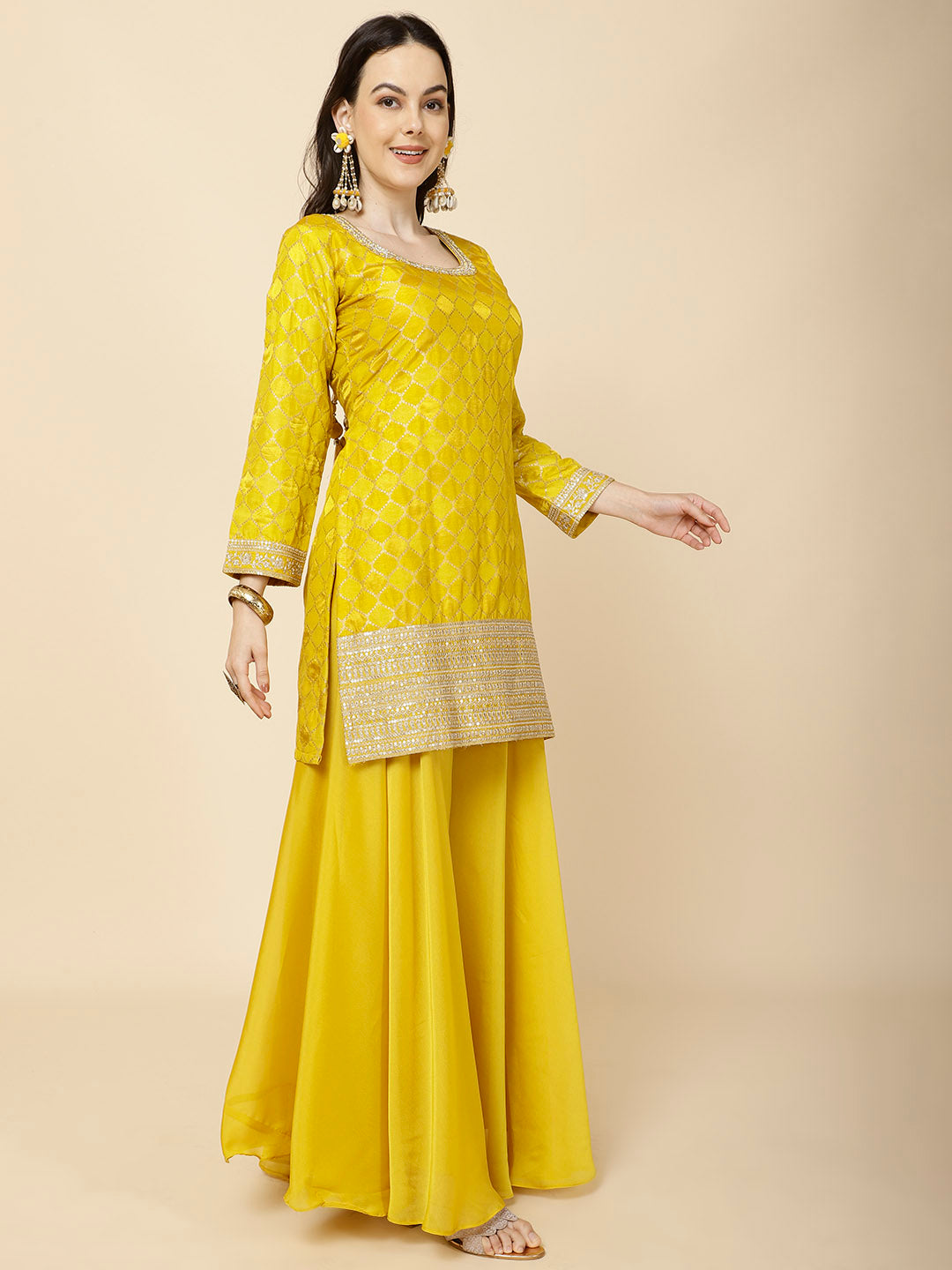 Zari Jaal Embroidery Handloom Suit Set With Dupatta &amp; Palazzo