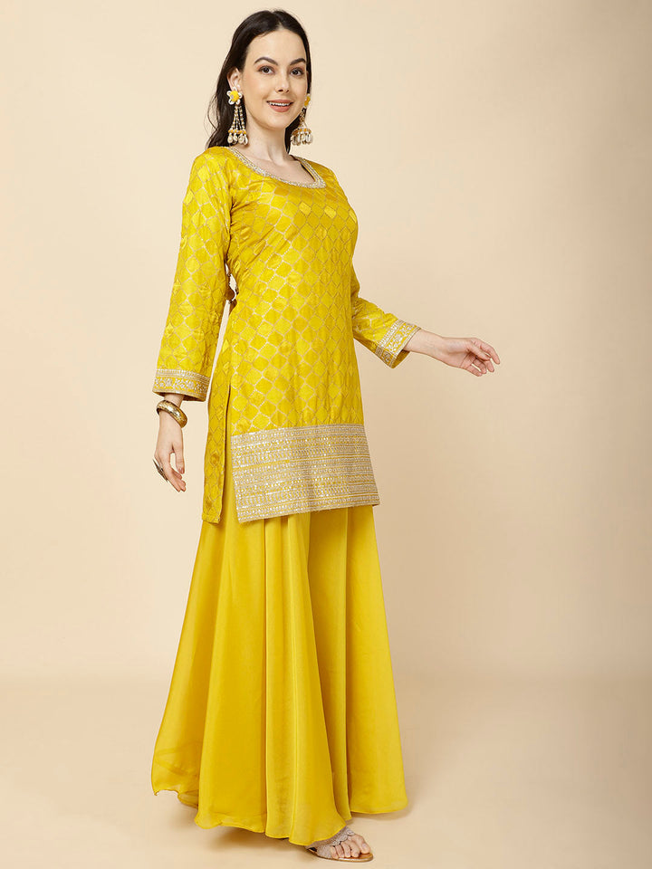 Zari Jaal Embroidery Handloom Suit Set With Dupatta &amp; Palazzo