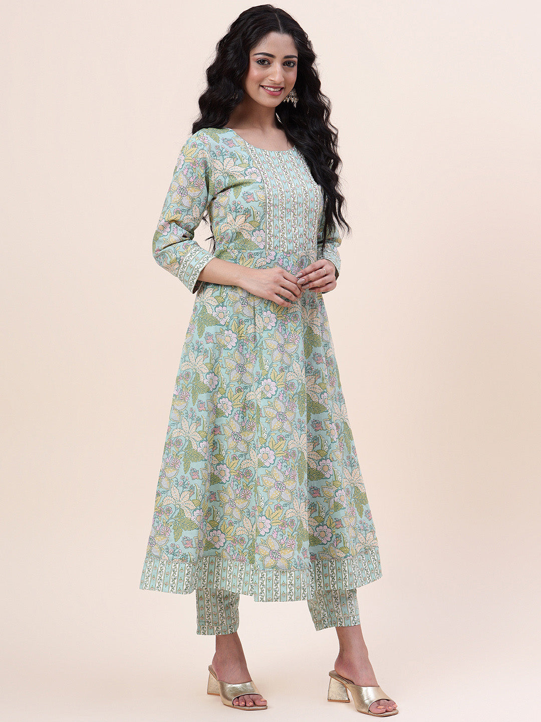 Floral Printed Cotton Kurta With Pants &amp; Dupatta