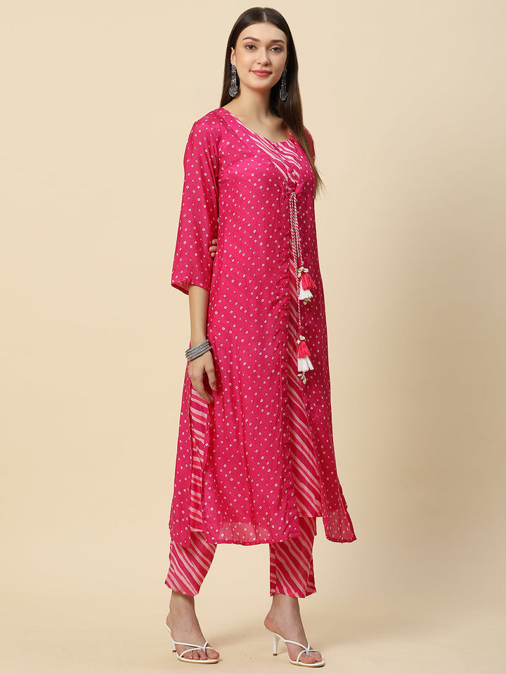 Leheriya Printed Muslin Kurta With Pants &amp; Jacket