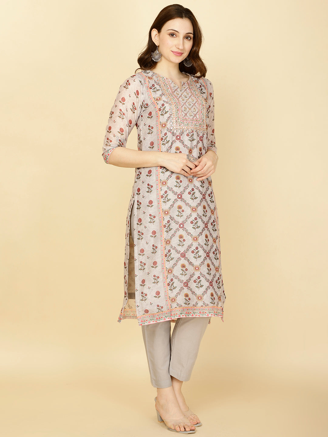 Floral Printed Chanderi Kurta With Pants &amp; Dupatta