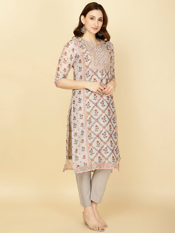 Floral Printed Chanderi Kurta With Pants &amp; Dupatta